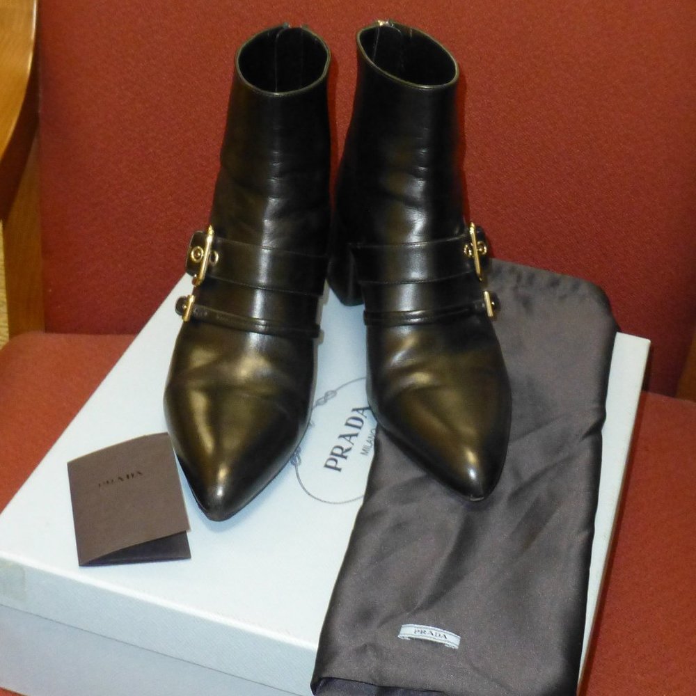 Prada Buckle Ankle Boots Black Leather Size 38.5